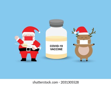 Merry Christmas. Vector illustration cute Santa Claus, reindeer wearing face mask and covid-19 vaccine.