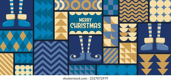 Fröhliche Weihnachts-Vektorgrafik mit niedlichen Elfen Beine in Schuhen und abstrakten geometrischen Formen Hintergrund. Moderne Design-Mustervorlage für Plakatdruck, Einladung, Web-Banner, Karte, Flyer