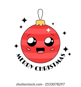 Merry Christmas vector illustration. Cute Xmas tree ornament with cheerful face and smile. Adorable bauble. Doodle Christmas decoration and text, happy character in groovy and kawaii styles. 