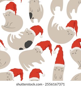 Merry Christmas vector illustration with cute hand drawn cats in red Santa Claus hat seamless pattern isolated on white background. Animal design template for card, fabric, holiday decoration