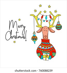 Merry Christmas! Vector illustration. Cute deer with gifts. Deer antler decorated with Christmas decorations and colorful light bulbs.
