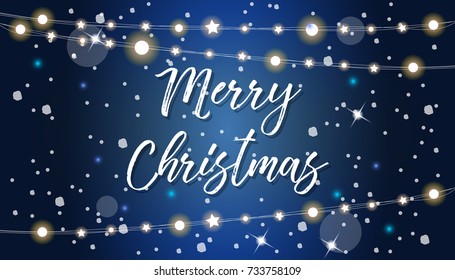 Merry Christmas vector illustration with decorations, lights and stars. Greetings card design template