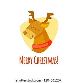 Merry Christmas. Christmas vector illustration with deer. Cartoon style. Cute cartoon deer face with horn. eps 10