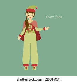 Merry Christmas. Vector Illustration of Elf Cartoon Character. Cute Santa Helper. Happy New Year 2016. Year of the Monkey.
