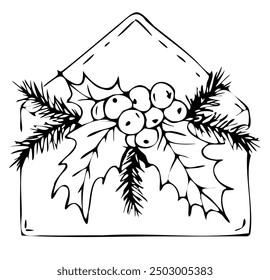 Feliz Ilustración vectorial de Navidades. Sobre con ramas de acebo y abeto. Gráficos en blanco y negro. Feliz año Nuevo. Silueta de ramas de árbol de Navidad con bayas. Para postal, textil, embalaje