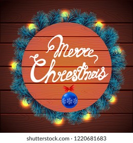 merry Christmas, vector illustration, fir branches snowflakes, illumination on a round wooden sign vector illustration