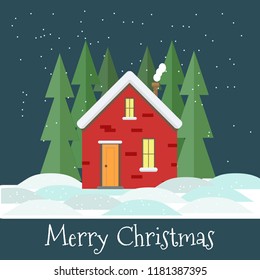 Merry Christmas vector illustration in flat style with forest, red house and lettering