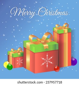 Merry Christmas vector illustration with gift boxes and Christmas balls