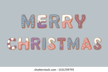 Merry christmas vector illustration with gingerbread cookie letters in cartoon style on blue backgraund. Letters in the form of ginger cookies with snow. Christmas decoration element.