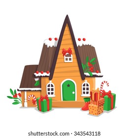 Merry Christmas vector illustration with gingerbread house isolated on white background.