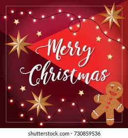 Merry Christmas vector illustration with gingerbread man, stars and lights. Greetings card design template