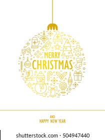 "Merry Christmas" vector illustration with golden Christmas ball of  modern line icons , including ginger man, mistletoe, snowman, presents, christmas tree, arranged in a circle on a red background. 