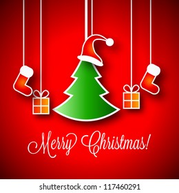 Merry Christmas Vector Illustration | Green Xmas Tree | Little Gift Boxes | Red Santa Claus Hat