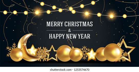 Merry Christmas vector illustration. Greeting card, banner design. Festive decoration with snowflakes, golden xmas balls, stars, confetti particles on black background.