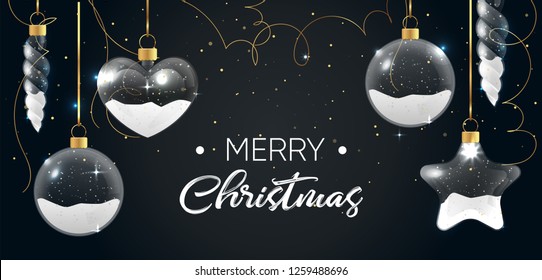 Merry Christmas vector illustration. Greeting card, banner design. Festive decoration with transparent glass balls with falling snow, confetti particles on black background.