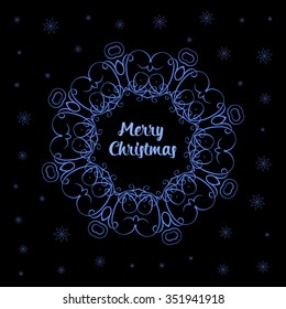 Merry Christmas. Vector illustration. Greeting lettering composition with snow and snowflake. Holiday invitation. 