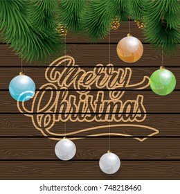 merry Christmas vector illustration greeting card with happy Christmas and happy new year in vintage style with calligraphic text merry Christmas with toy Christmas baubles and tree