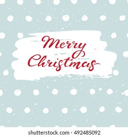 Merry Christmas vector illustration. Hand drawn lettering. White brush stroke on blue background. Greeting card.