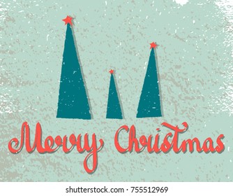 Merry Christmas. Vector illustration with hand drawn script lettering and christmas trees on textured background