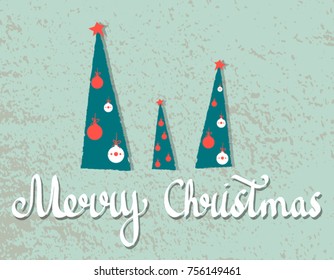 Merry Christmas. Vector illustration with hand drawn script lettering and christmas trees on textured background