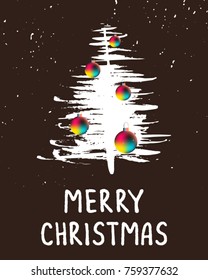 Merry Christmas. Vector illustration with hand drawn lettering and  christmas tree with bright gradient balls on dark background