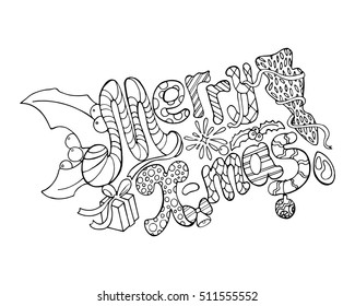 Merry Christmas vector illustration - hand-drawn lettering. Merry Christmas coloring page. Christmas holiday greeting card design element. Outlined letters, holly, gift, fir tree ornament. Doodle draw