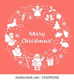 Merry Christmas vector illustration. Happy New Year 2020. Santa Claus, gift, candy cane, rabbit, mittens, bell, Christmas tree, angel, mistletoe, firecracker, deer, snowman, sleigh, snowflakes