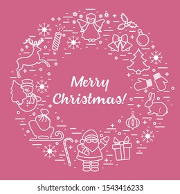 Merry Christmas vector illustration. Happy New Year 2020. Santa Claus, gift, candy cane, rabbit, mittens, bell, Christmas tree, angel, mistletoe, firecracker, deer, snowman, sleigh, snowflakes