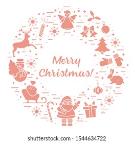 Merry Christmas vector illustration. Happy New Year 2020. Santa Claus, gift, candy cane, rabbit, mittens, bell, Christmas tree, angel, mistletoe, firecracker, deer, snowman, sleigh, snowflakes