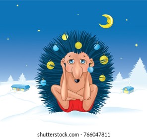 Merry Christmas vector illustration with a hedgehog represents a Christmas tree on a winter background. Christmas yoga tree.