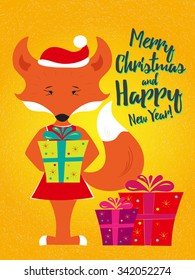 Merry christmas vector illustration for holiday design, party poster, greeting card or invitation. Holiday card with fox 
