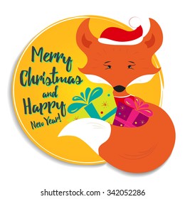 Merry christmas vector illustration for holiday design, party poster, greeting card or invitation. Holiday card with fox 