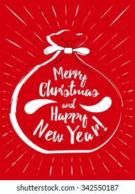 Merry christmas vector illustration for holiday design, party poster, postcard or invitation. Holiday postcard with red bag of gifts