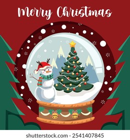 Merry Christmas, vector illustration image of a Christmas gift package containing a glass ball inside which is a diorama of a snowy Christmas night with a snowman and a Christmas tree full of ornament