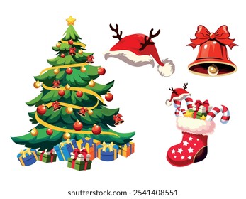 Merry Christmas, vector illustration image of Christmas icons in the form of a Christmas tree full of ornaments, Santa Claus hat, socks filled with candy and Christmas bells
