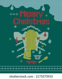 Merry Christmas Vector Illustration with Knitted Pattern for Ugly Sweater, Festive Cow, Milk, Yogurt and Snowflake Ornament