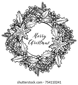 Merry Christmas. Vector illustration, leaves and berries mistletoe,ginger biscuits,prints on T-shirts,background white, handmade,card for you.wreath
