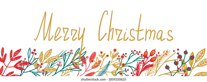 Merry Christmas. Vector illustration. Lettering design with Christmas decor in stylish colors. Festive background with congratulations, design of a banner, postcard, poster, postcard, site.