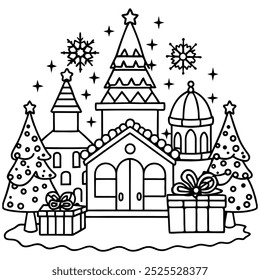 Merry Christmas vector illustration line art coloring book.