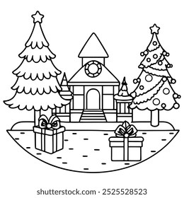 Merry Christmas vector illustration line art coloring book.