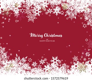 Merry Christmas vector illustration with many snowflakes on red background.