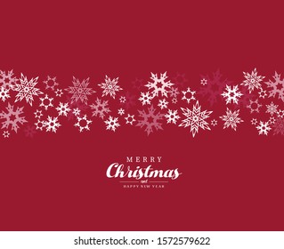 Merry Christmas vector illustration with many snowflakes on red background.