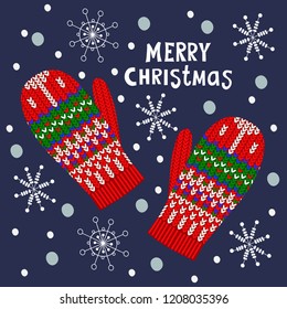 Merry Christmas, vector illustration with mittens and snowflake