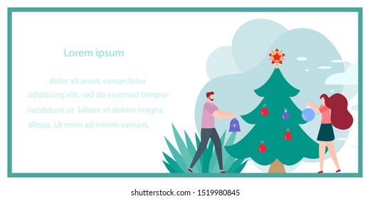 Merry Christmas. Vector illustration with people decorate Christmas tree. New year, festive background. Design for web page, presentation, postcard, banner, print. Flat style