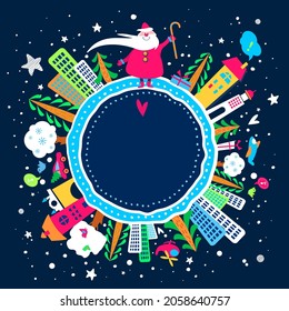 Merry Christmas vector illustration. Poster, banner or print with Santa Claus, city, trees, gifts and copy space for text. Holiday illustration for greeting card, advertising, sale. Isolated on blue