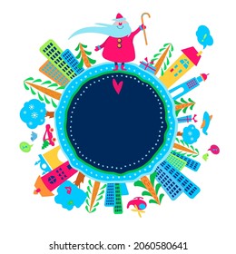 Feliz ilustración vectorial de Navidad. Afiche, pancarta o papel con Santa Claus, ciudad, árboles, regalos y espacio para copiar texto. Ilustración de vacaciones para tarjeta de saludo, publicidad, promoción de venta. Retroceso blanco