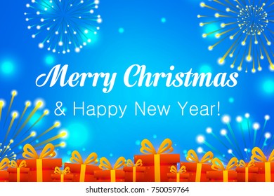 Merry Christmas vector illustration with presents and fireworks. Happy New Year design on blue  shiny  background. Holiday greeting with an inscription.