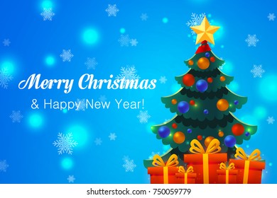 Merry Christmas vector illustration with presents and Christmas tree. Happy New Year design on blue shiny  background with an inscription. Holiday greeting. 