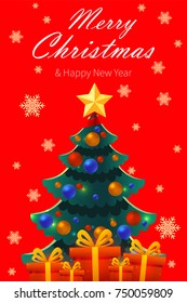 Merry Christmas vector illustration with presents and Christmas tree. Happy New Year design on red background with an inscription. Holiday greeting. 