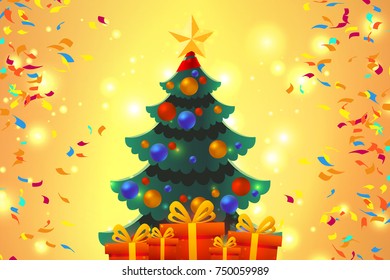 Merry Christmas vector illustration with presents and Christmas tree. Happy New Year design with confetti on yellow shiny background. Holiday greeting. 